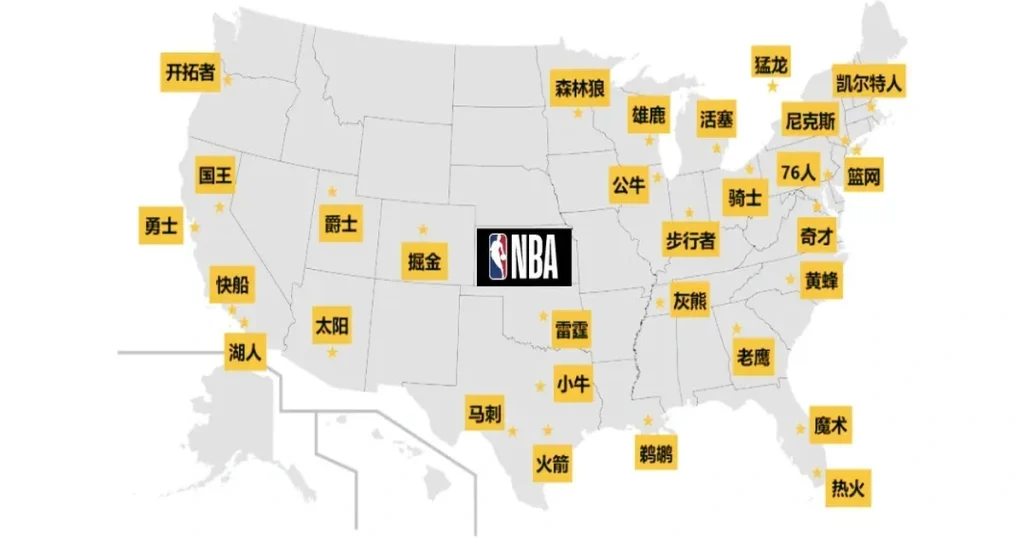 一張美國地圖顯示NBA隊伍各自所在地
